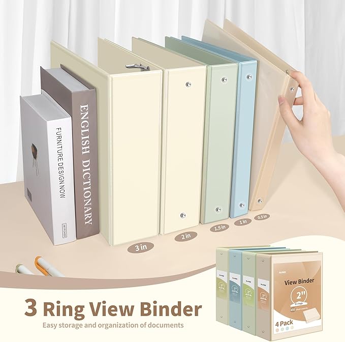 SUNEE 3 Ring Binder 2 Inch 4 Pack, Clear View Binder Three Ring PVC-Free (Fit 8.5x11 Inches) for School or Office Supplies, Neutral Aesthetic