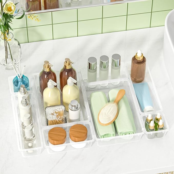 Clear Drawer Organizers of 9 PCS Plastic Drawer Organizer Bins, 4 Sizes Clear Plastic Drawer Organizers and Storage Bins for Bathroom Kitchen Office Organizers and Storage Containers