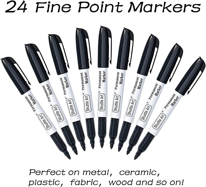 Shuttle Art 24 Black Permanent Markers Fine Tip Markers, Perfect on Plastic, Wood, Stone, Metal and Glass for Doodling, Coloring, Marking, School Supplies
