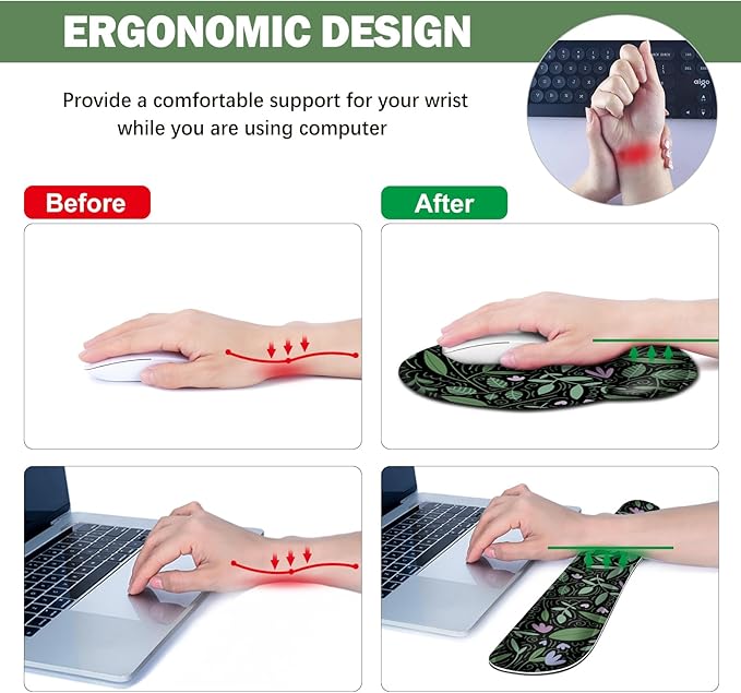 DINKY Keyboard Mouse Pad Set, Large Gaming Mousepad, Memory Foam Ergonomic Keyboard Wrist Rest Support, Extended Desk Mat Cushion pad for Office,Home, Green Leaves Plant