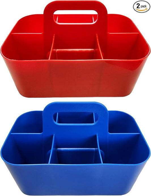 2 Pack Small 6 Compartment Multiuse Caddy Organizer with Handle Art Craft Supplies, Office, Desk, Stationery Pen Holder Stackable- Made In USA (Red/Blue)