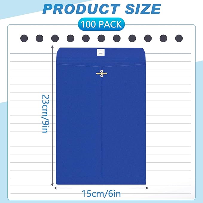 Geyee 100 Pcs Clasp Manilla Envelopes 6 x 9 Inch Gummed Colored Envelopes for Storing or Mailing for Home Office Business Supplies(Dark Blue)