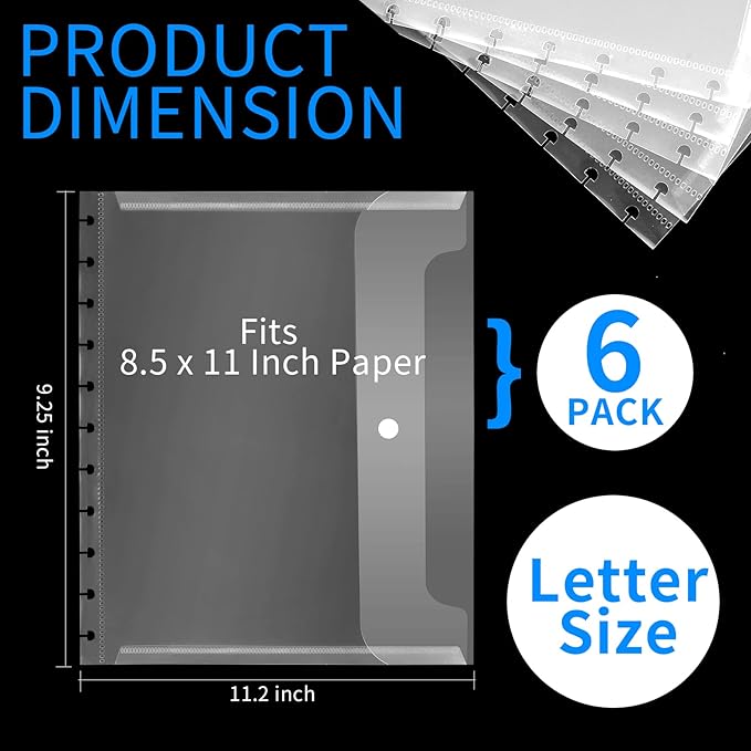 6 Pack 8.5 * 11inch Discbound Pocket Letter Size Discbound Planner Notebook Discbound Envelope Supplies for Office & School Home Work Organizer
