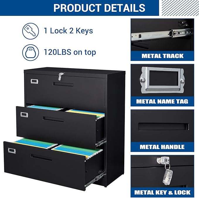 Lateral File Cabinet with Lock, 3 Drawer Large Metal Filing Cabinet,Home Office Lockable Storage Cabinet for Hanging Files Letter/Legal/F4/A4 Size-Assembly Required