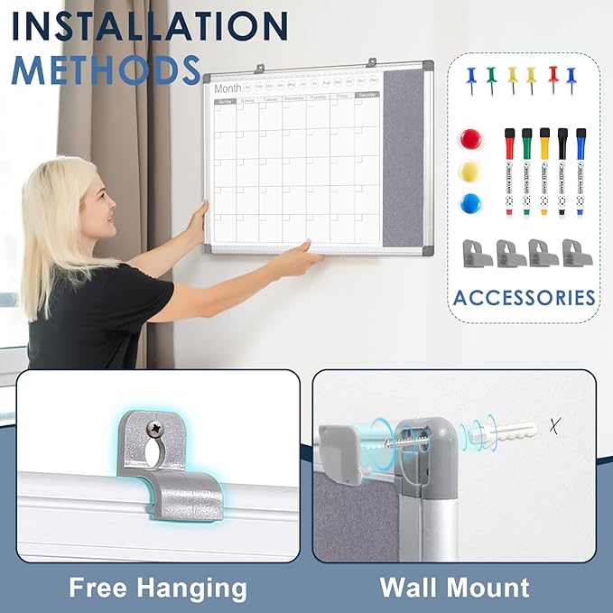 MAKELLO Dry Erase Calendar for Wall 24x18 in, Whiteboard Calendar and Grey Felt Board Combo for Office Home School