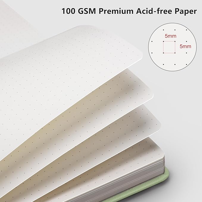 RETTACY Bullet Dotted Journal Notebook, 192 Pages, A5 Medium Size (5.7'' x 8.3''), Leather Hardcover, 100 GSM Thick Paper, for Bullet Journaling, Planning, Tracking (Light Green)