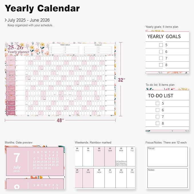 Ospelelf Calendar 2025-2026 Large Dry Erase Wall Calendar 32'' x 48'', 12 Month Laminated Calendar for Classroom, Family, Use July 2025 - June 2026 (Floral)