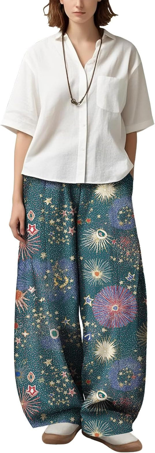 Zaswen Women's Oversize Loose Fit Breathable Pants Wide Leg Lounge Pants Fashion Casual Fireworks Print Trousers with Pockets