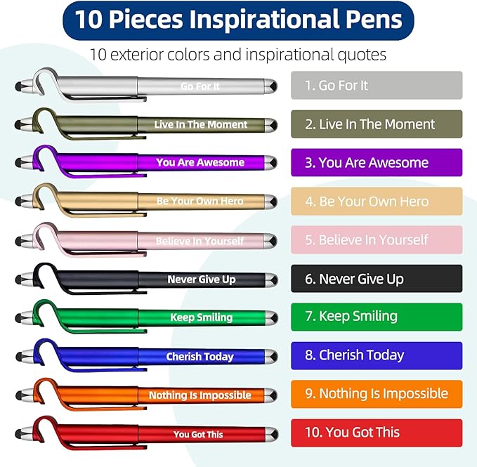 10 Pcs Motivational Ballpoint Pens Batch, Office Snarky Phone Holder and Touch Screen Stylus Pen, Black Ink Encouragement Quotes,Inspirational Gifts for School and Corporate Office Supplies