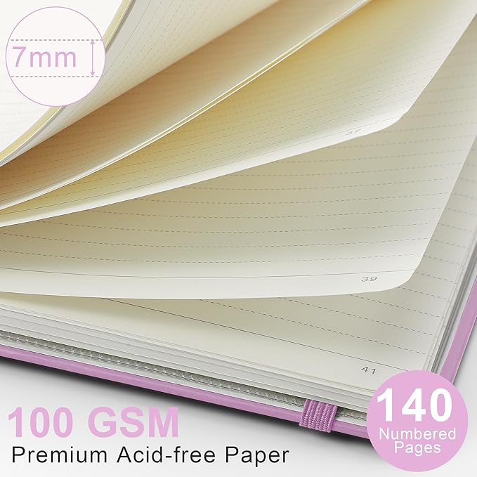 RETTACY Lined Journal Notebook, 140 Numbered Pages, A5 Medium Size (5.7'' x 8.3''), for Men & Women, Journaling, Writing, Work & Office, Spiral-bound, Hardcover, 100 GSM Thick Paper (Lilac)