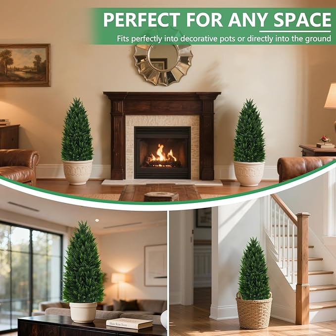 Artificial Topiary Cedar Trees, 2 Pack 3FT Artificial Cedar Pine Tree Potted UV Rated Plant Fake Plants Tall Artificial Plants Shrubs for Indoors Outdoors