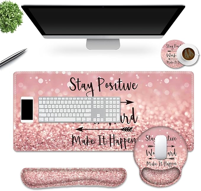 DINKY Large Gaming Mouse Mat and Mouse Pad Wrist Keyboard Wrist Rest Set, Anti-Slip Base Mousepad + Coaster, 35.4 x 15.80-inch, Ergonomic Wrist Support for Home Working Gaming-PinkQuote