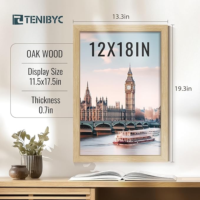 12x18 Frame Set of 3, Natural Oak Wood Picture Frame 12x18 for Photos, Posters and Art Prints, HD Tempered Glass, Wall Hanging