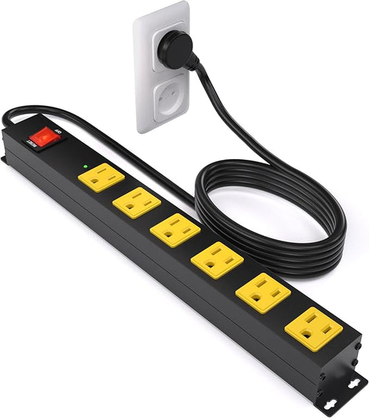 Heavy Duty 6 Outlet Metal Long Power Strip, 2700J Surge Protector with 15A Circuit Breaker, 15FT Extension Cord, Wall Mount for Garage, Workshop & Industrial Use, Wide Spaced (15ft)