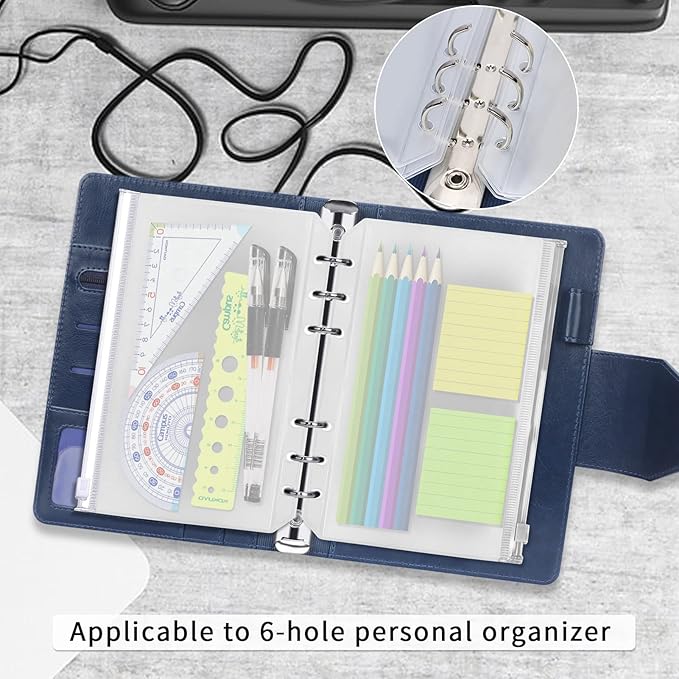 Binder Pockets, 20pcs A5 Size 6 Holes Binder Pockets, [Waterproof PVC Pouch] Premium Clear Binder Zipper Folders Document Filing Bags for 6-Ring Notebook Binder Loose Leaf Bags,-Clear