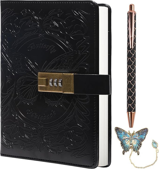 TIEFOSSI Diary with Lock for Women Girls, Lined Locked Journal, Butterfly Journal Notebook with Pen and Bookmark, A5 Refillable Locking Journals for Writing, 224 Numbered Pages