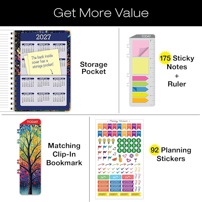 HARDCOVER 2026 Planner, 5.5"x8": 14 Months (November 2025 - December 2026), Daily Weekly Monthly Planner, Yearly Agenda, Bookmark, Pocket Folder and Sticky Note Set (Black Tree Seasons)