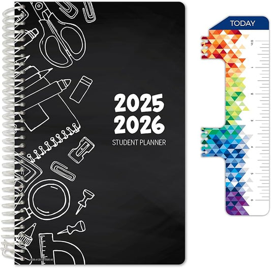 Global Datebooks Dated Middle School or High School Student Planner for Academic Year 2025-2026 Includes Ruler/Bookmark and Planning Stickers (Block Style - 5.5"x8.5" - Doodles)