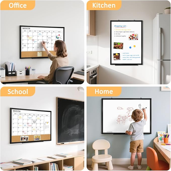 Dry Erase Calendar Board for Wall, 24"x18" Magnetic Whiteboard Calendar Double-Sided Monthly White Board with Cork Board, Black Aluminum Frame Memo Message Board for Office, Home, School