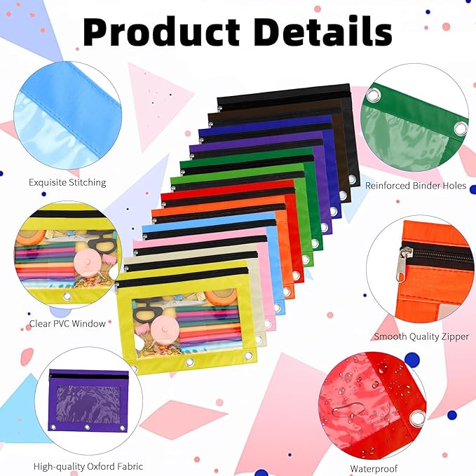 Pencil Pouch for 3 Ring Binder, 12 Pack Pencil Bags with Zipper, Large Capacity Pencil Case for Binder Assorted Color Pencil Case Pouch with Clear Window and Grommets Pencil Pocket for Office Supplies