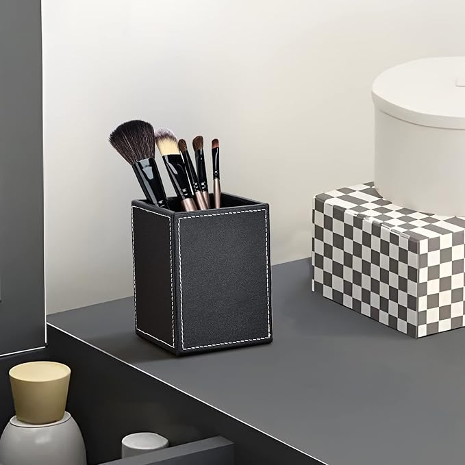 KINGFOM 3PCS/SET Desk Organizers and Accessories, Pu Leather Office Supplies Organization Set with Tissue Holder, Pencil Holder and Business Name Cards Stand Black