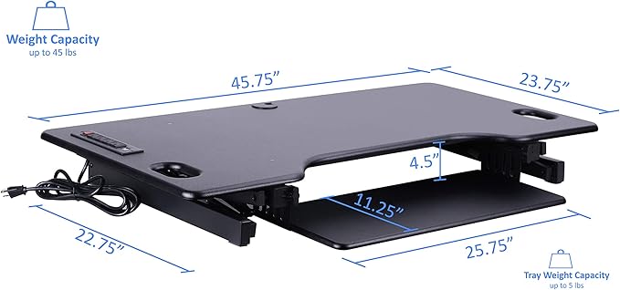 Rocelco 46" Height Adjustable Standing Desk Converter with AC USB Charger and Double Monitor Mount Arm - Sit Stand Up Triple Screen Riser Workstation - Keyboard Tray - Black (R DADRB-46-ACUSB-DM2)