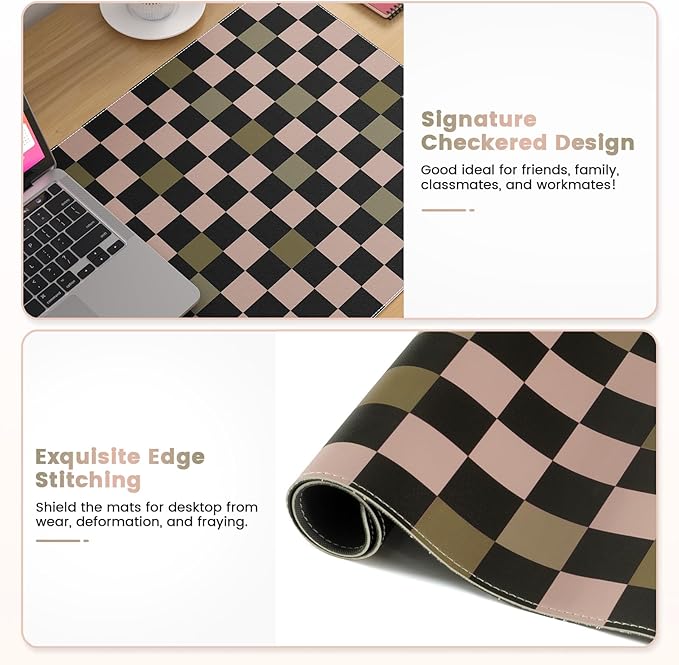 HAOCOO Checkered Desk Mat, Non-Slip Mouse Pads for Desk, Waterproof Desk Matt for Desktop, Stitched Edge Leather Desk Pad, 35.4" x 15.7" Keyboard and Mouse Pad, Non-Slip Desk Protector Work from Home