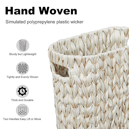 Wicker Trash Can,Bathroom Trash Can,Waterproof Wicker Waste Basket for Bathroom,Narrow Small Waste Basket for Bedroom,Office, Cream White 5 Gallon