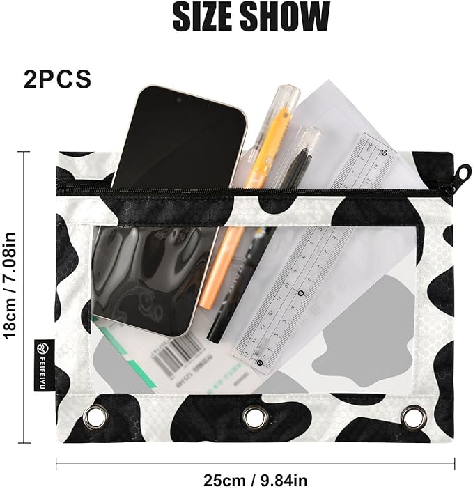 ALAZA Pencil Pouch for 3 Ring Binder, Cows Print Binder Pencil Pouches with Clear Window Zipper Pencil Case Cosmetic Bags for Office College Supplies, 2PCS