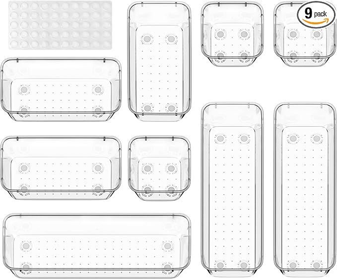 ValueMax 9 PCS Clear Plastic Drawer Organizers Set with Non-Slip Pads, 3 Sizes Desk Drawer Organizer for Vanity, Kitchen, Bathroom and Office