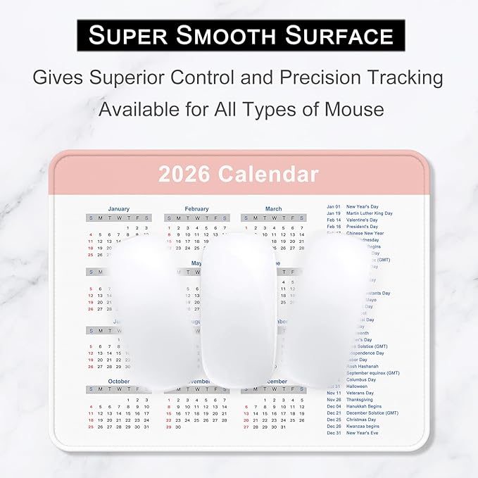 2026 Calendar Mouse Pad, Square New Year 2026 Mousepad 10.2 x 8.3 Inch, Stitched Edge Anti-Slip Waterproof Rubber Computer Mat for Office, Gaming, Laptop, New Year Office Supplies Gift, Pink