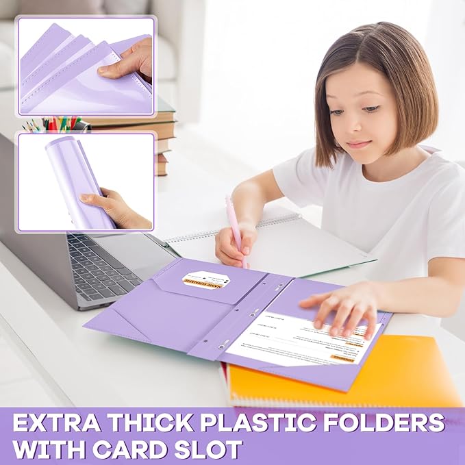 Henoyso 48 Pcs Plastic Folder with Clear Front Pocket and 3 Prongs Heavy Duty Plastic Folders with Card Slot Pocket Folders with Prongs for School Office Home(Light Purple)