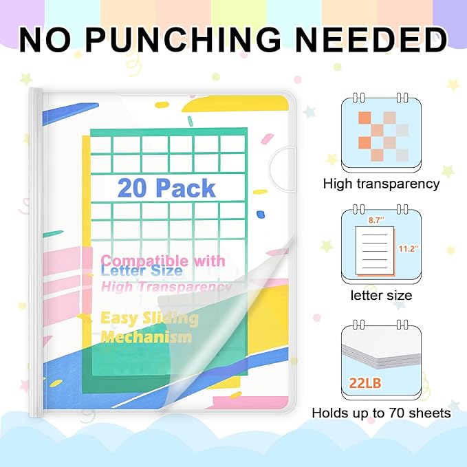 TOTiyea 20 Pack Clear Report Covers with Sliding Bars, 9mm (70 Sheet Capacity) White Sliding Bar File Folders, for Letter Size