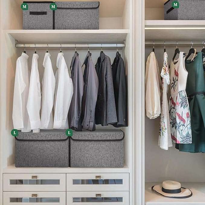Large 17" 42 Quarts Collapsible Stackable Storage Bins with Lids [3-Pack] Foldable Fabric Linen Storage Boxes Cube, Closet Organizer Baskets with Label for Home (16.7 x 12 x 12, Gray)