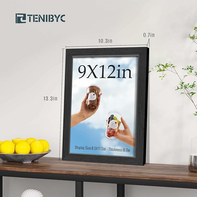 9x12 Picture Frames Set - 3 Pack - Black Solid Wood Poster Frame - Tempered Glass - Exclusive Woodgrain - Rooms, Offices, Gallery, Studio, and Hallway, Wall Display Decor