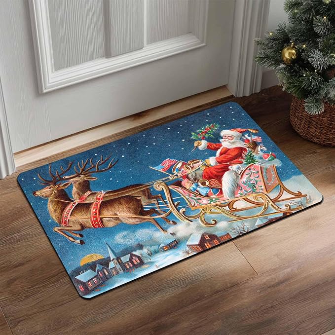 InterestPrint Christmas Reindeer Santa Claus Door Mat Indoor Outdoor, Non-Slip Rubber Christmas Doormat Inside Outside Entrance Welcome Floor Mat for Home Holiday Decor, 16" x 24" Inch