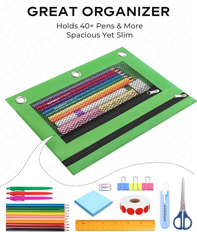 3 Ring Binder Pencil Pouch - School Pencil Case with 2 Zippered Pockets, Clear Mesh Window Pencil Bag, B5 Size, Back to School Gifts (Green)