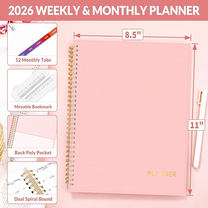 SUNEE 2026 Weekly and Monthly Planner - from January 2026 - December 2026, 8.5"x11" Daily Agenda Planner with Monthly Tab, Flexible Cover, Note Pages, Pockets, Bookmark, Spiral Binding, Pink