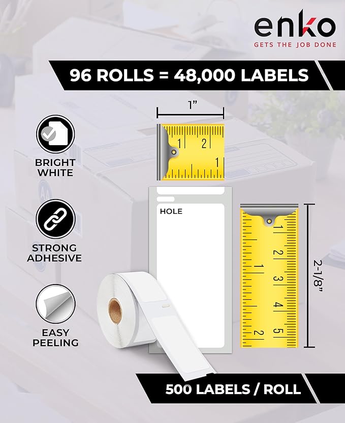 enKo Compatible for Dymo 30336 Labels (1 x 2-1/8 inches) - 96 Rolls, 48,000 Labels for Dymo LabelWriter 450 Turbo Printer and 4XL - Direct Thermal Address, Shipping and Barcode Label