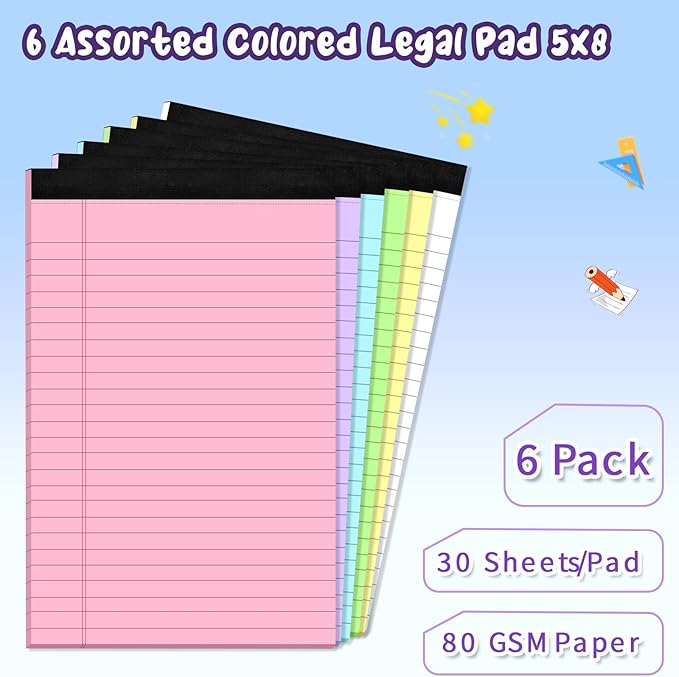 6 pcs Note Pads Legal Pads 5x8, Notebook College Ruled, Colored Legal Notepads, 6 Pack Micro Perforated Writing Pads, Lined Paper Pads, Pad of Paper for Office Home School, 30 Sheets/Pack