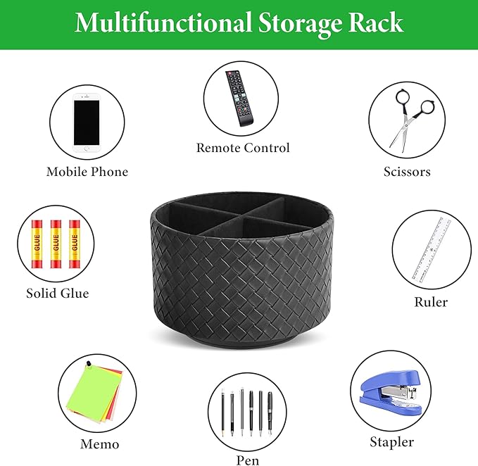 Hennaja Round Leather Art Supply Organizer,Remote Control Holder,360 Degree Spinning,Multi-Functional Pencil Holder,4 Compartments Desktop Stationary Organizer(1-Weave Black)