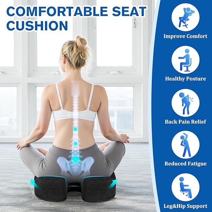 Seat Cushion, Gel Chair Cushions, Office Chair Cushions, Anti-Slip Bottom & Removable Cover Tailbone Pain Relief Cushion, Memory Foam Seat Cushion, 5.28 in Thick (Black)