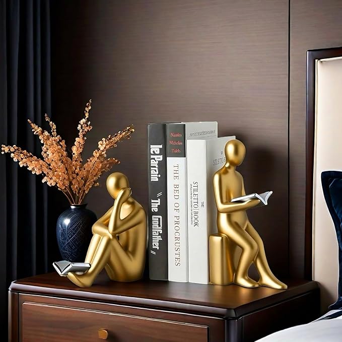 Home Decorative Reading Book Statue Bookends Elegant Resin Bookshelf Room Office Desk Decor,Paper Weights, Book Ends,Bookend Supports, Book Stoppers, Set of 2 (Gold and Silver)