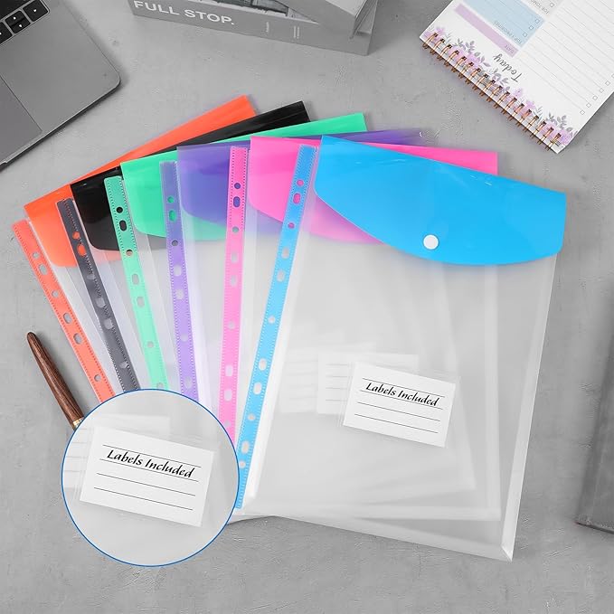18 Pcs Binder Pocket Organizer Folders, Expandable Folders Plastic Envelopes Binder Folders with 11 Holes for 2/3/4 Ring Binder, Document Pouch with Snap Button and Label for School Office Home