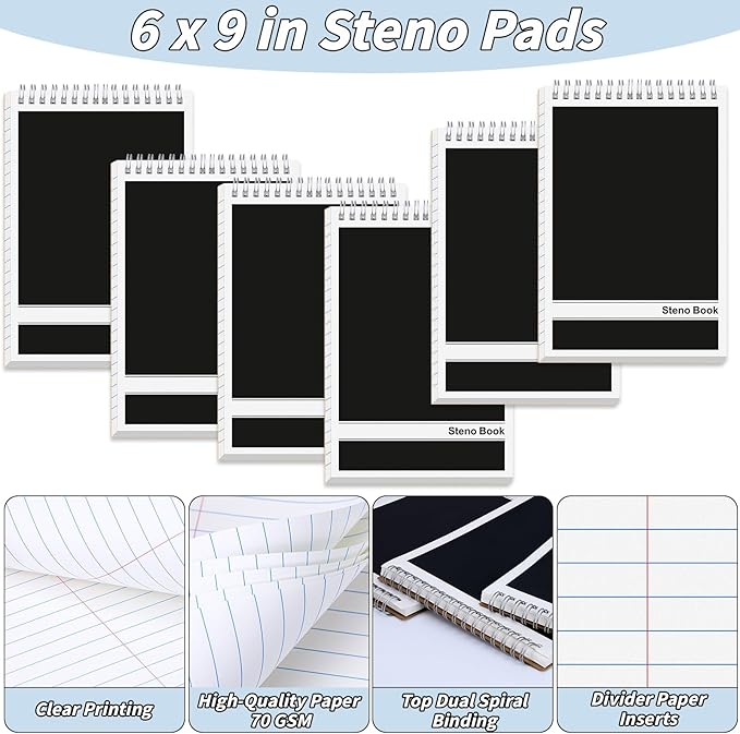 24 Pack Black Steno Pads 6 x 9 in Spiral Top Notebooks Bulk Note Pads 60 Sheets Gregg Rule Writing Paper Steno Notebooks for Students Teachers Men Women Professionals Office School Recording work