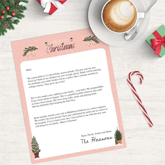 Greenery Merry Christmas Pink Letterhead / 50 Sheets / 8.5" x 11" Festive Tree Holiday Paper/Decorative Modern Winter Stationery Letterhead