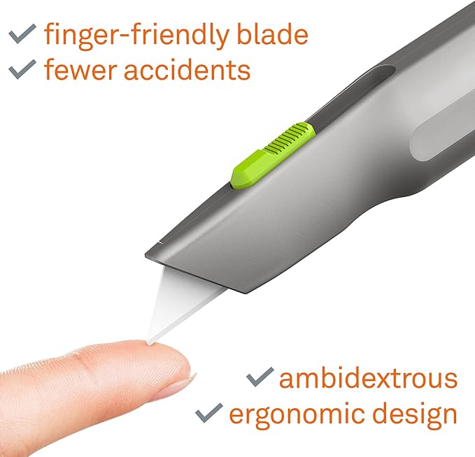Metal-Handle Utility Knife, Finger Friendly Ceramic Blade, Auto Retracts for Safety, Heavy Metal Handle, Comfortable Grip, Stores Extra Blade, Ambidextrous, Easy Blade Change