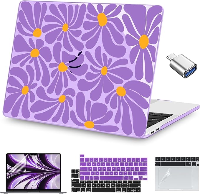 Teryeefi for MacBook Pro 13 inch Case A2338 M2 M1 Chip A2251 A2289 A2159 A1989 A1706 (2025 2024 2023 2022-2016), Hard Shell with Keyboard Cover & Type C Adapter - Abstract Purple Flower 134