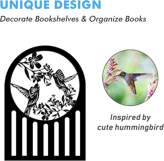 Hummingbird Book Ends, Metal Bookends for Shelves Decorative, Book Stopper for Heavy Books, Bookends for Home, Office, Library, School Use (Black)