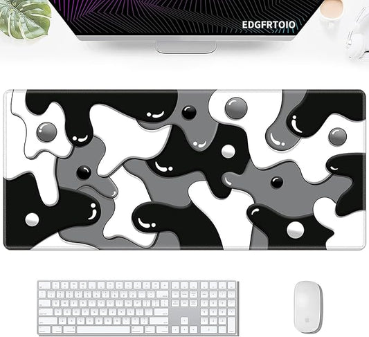 Gaming Mouse Pad, Grey Black White Big Desk Pad for Keyboard and Mouse, Extended 35.5" X 15.75" in Computer Keyboard Mouse Mat 3mm Thick XXL Rubber Mousepad for Laptop Gamer, Cool Geometric